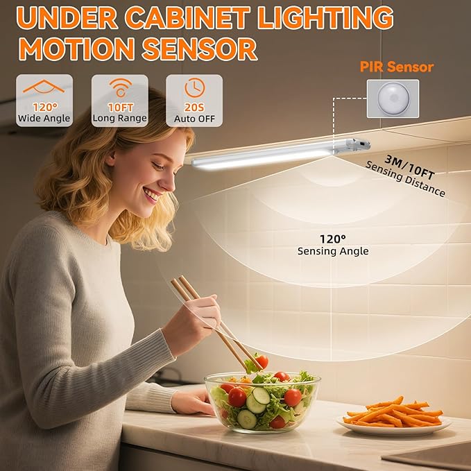 Under Cabinet Lighting Wireless, 15inch Rechargeable Motion Sensor Light Indoor, 3 Color Closet Light Battery Operated with LED Power Display, Magnetic Under Counter Lights for Kitchen, Home (6Pack)