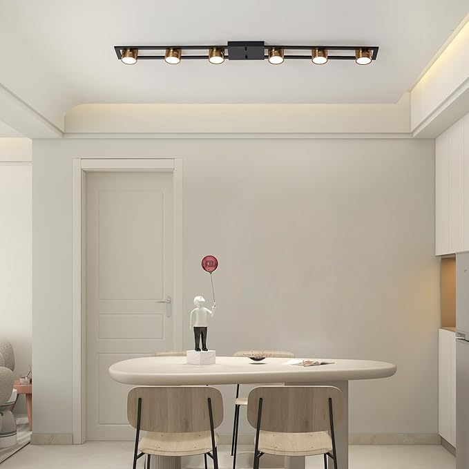Garwarm Modern Ceiling Light Track Lighting Fixtures, 48.4 Inch Dimmable LED Kitchen Ceiling Light with Remote 6-Light Black LED Chandelier for Dining Room Bedroom
