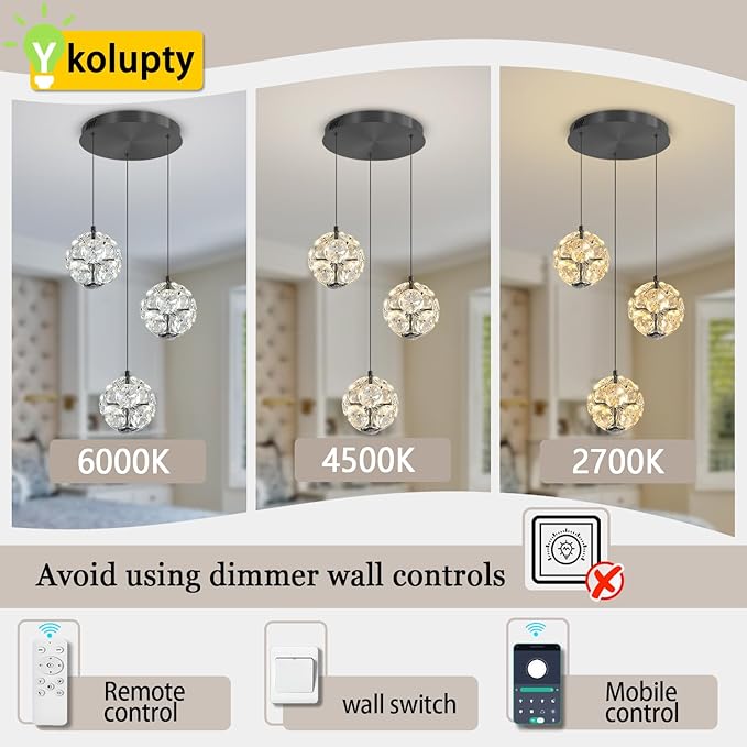 ykolupty Modern Black Pendant Light Contemporary LED Ceiling Hanging Pendant Lights Crystal Globe Chandelier for Kitchen Island Dining Room Bedroom Entryway
