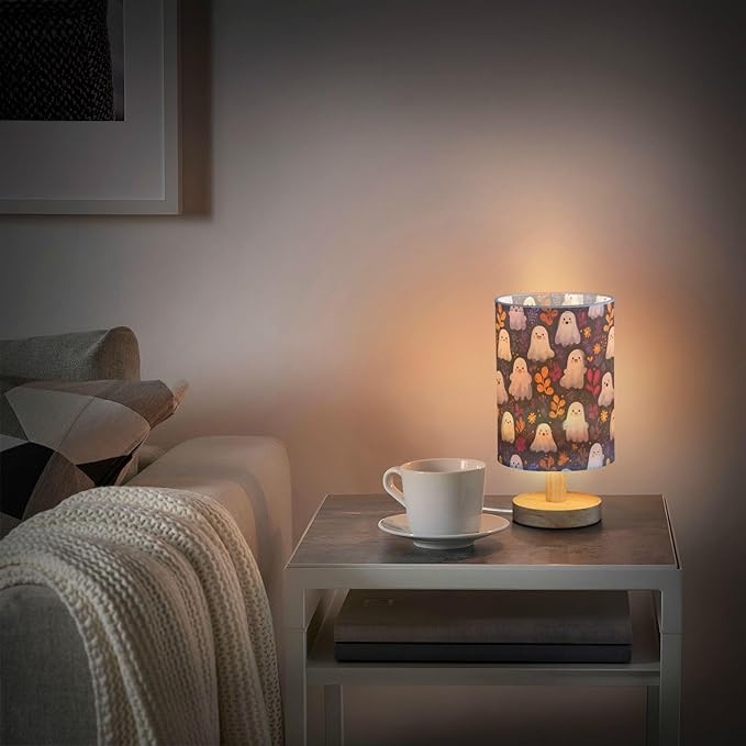 Aslsiy Cute Halloween Ghost Leaves Bedside Table Lamp Black Nightstand Lamp Night Light Fabric Shade for Bedroom Living Room Home Office