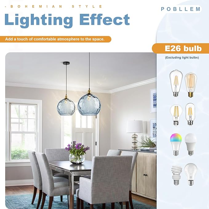 Blue Glass Pendant Lights Kitchen Island Pendant Lighting 13.8" Large Globe Pendant Light Hammered Glass Shade Adjusteble Hanging Light Fixtures for Bedroom Dining Room Living Room Hallway