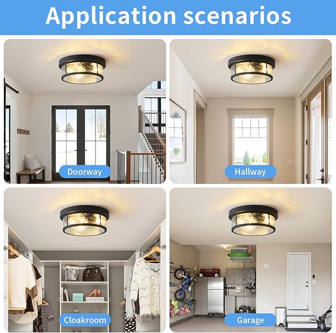 Adjustable Motion Sensor Flush Mount Ceiling Lights Fixture with Water Ripples Glass Shade,Round Matte Black Metal Modern Ceiling Lamp for Entryway,Hallway,Porch,Patio and Garage,12 inch,3-Light