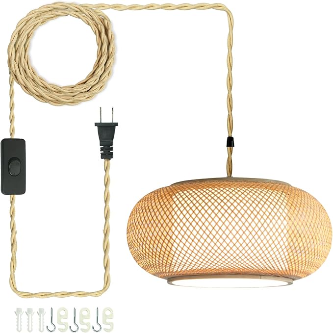 Plug in Bamboo Pendant Light, Boho Style Lamp, 16.7ft Plug in chandelier Wire with a Switch. Japanese Wabi-Sabi Style Circular Lampshade Lighting, Dining Rooms, Bedrooms, Storage Rooms and Kitchens.