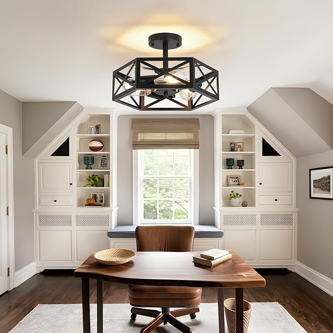 Farmhouse Light Fixtures Ceiling Mount, 3-Light Black Semi Flush Mount Ceiling Light Fixture, Close to Ceiling Hallway Lights, Industrial Rustic Ceiling Lights for Bathroom, Entryway, Kitchen