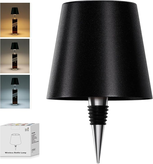 Wireless Bottle Lamp, 2025 New 3 Color Rechargeable Wine Bottle Lights for Bars Restaurants (Black, 1PC)