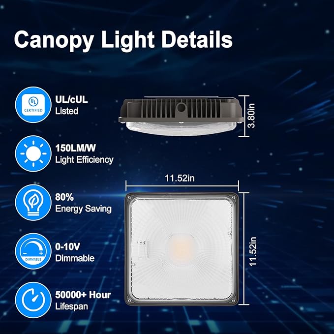 LED Canopy Light 60W, 9000LM LED Canopy Lights Outdoor, 5000K Daylight Square Canopy Gas Station Light for Carport Shop Garage Warehouse Porch Hotel Building Entrances UL Listed, 1 Pack