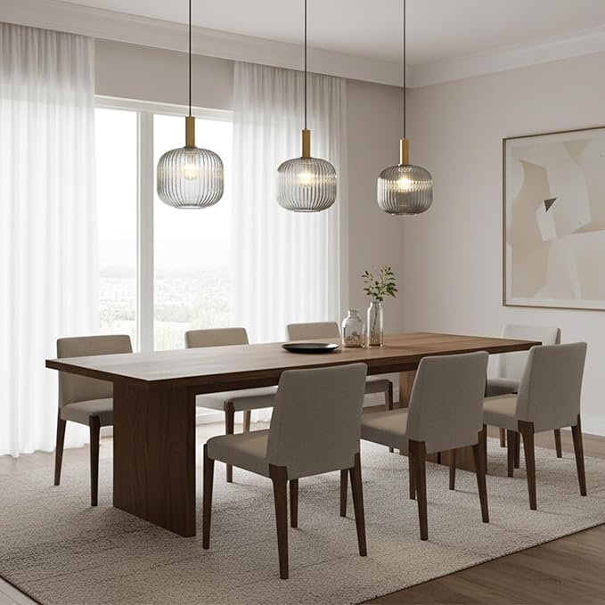 Plug in Pendant Light with Cord, 9.8" Ribbed Glass Hanging Light Fixture, Industrial Smoke Gray Hanging Swag Lamp for Bedroom, Kitchen Island, Dining Room, Living Room, E26 Base