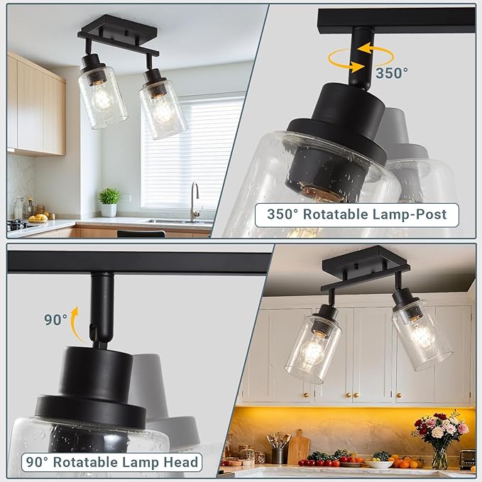 LOUSACE 2 Light Kitchen Track Lighting Fixtures Ceiling Black, Above Sink Light Fixture Kitchen with Rotatable E26 Heads & Seeded Glass Shade, Modern Bathroom Vanity Light Ceiling & Wall Mount