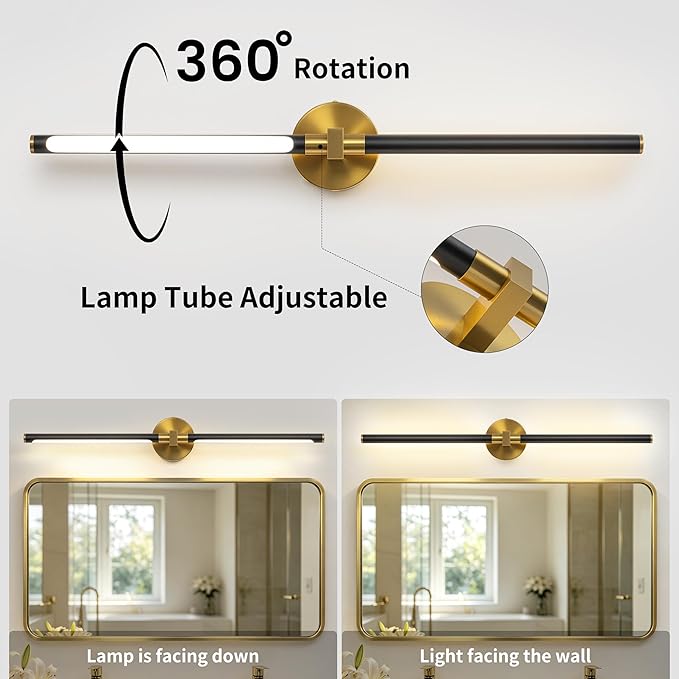 31" Black and Gold Vanity Light Bathroom Light Fixtures Over Mirror, 360° Rotatable LED Brushed Gold and Black Vanity Lights for Bathroom,18W 4000K Modern Vanity Light Bar for Bedroom Hallway Entryway