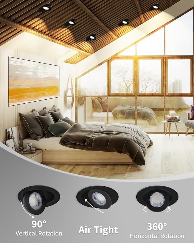 Adetu 4 inch 5CCT Gimbal Black Led Recessed Lights, 360°+90° Adjustable Directional Recessed Lighting, 2700K-5000K Dimmable Retrofit Eyeball Can Lights with Jbox, ETL&Energy Star (Black, 12 Pack)