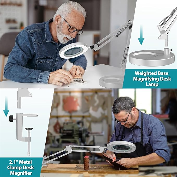 10X Magnifying Glass with Light and Stand, 5 Color Modes, Brightness Stepless Dimmable LED Lighted Magnifier Hands Free, 2-in-1 Desk Lamp & Clamp Light, Magnifier Lamp for Crafts - Silvery