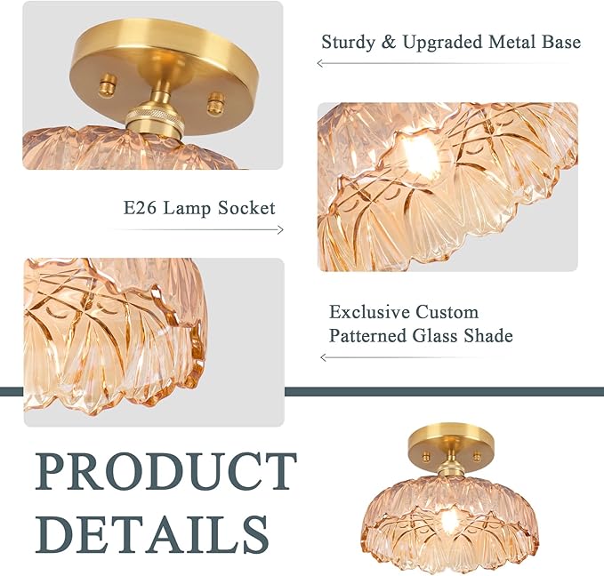Hallway Lights Fixture Ceiling,Amber Semi Flush Mount Ceiling Lights,9.4" Flower Light E26 Vintage Light Fixtures for Closet Hallway Kitchen Dining Room