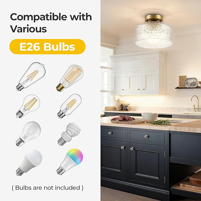 Semi Flush Mount Ceiling Light Gold, Upgraded Larger Vintage Glass Pendant Lamp Shade, Modern Farmhouse Light Fixture for Hallway Corridor Kitchen Entryway Bedroom, Bulb Not Included