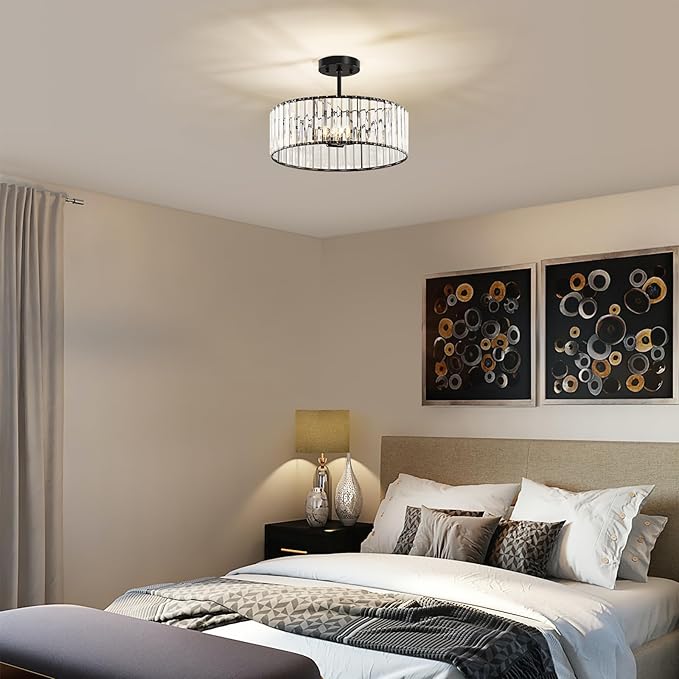 Modern Black Semi Flush Mount Ceiling Light Crystal 3-Light Light Fixture 15.75 Inch Kitchen Ceiling Lighting for Living Room Bedroom Dining Room Bathroom Entryway(Bulb Not Included)