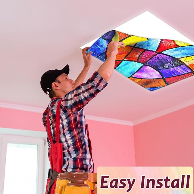 6 Pcs Fluorescent Light Covers with 60 Magnets Decorative for Classroom Ceiling Lights 4 x 2 Feet Magnetic Light Cover Filter Easy Install for Office Hospital Home Ceiling Supplies (Stained Glass)