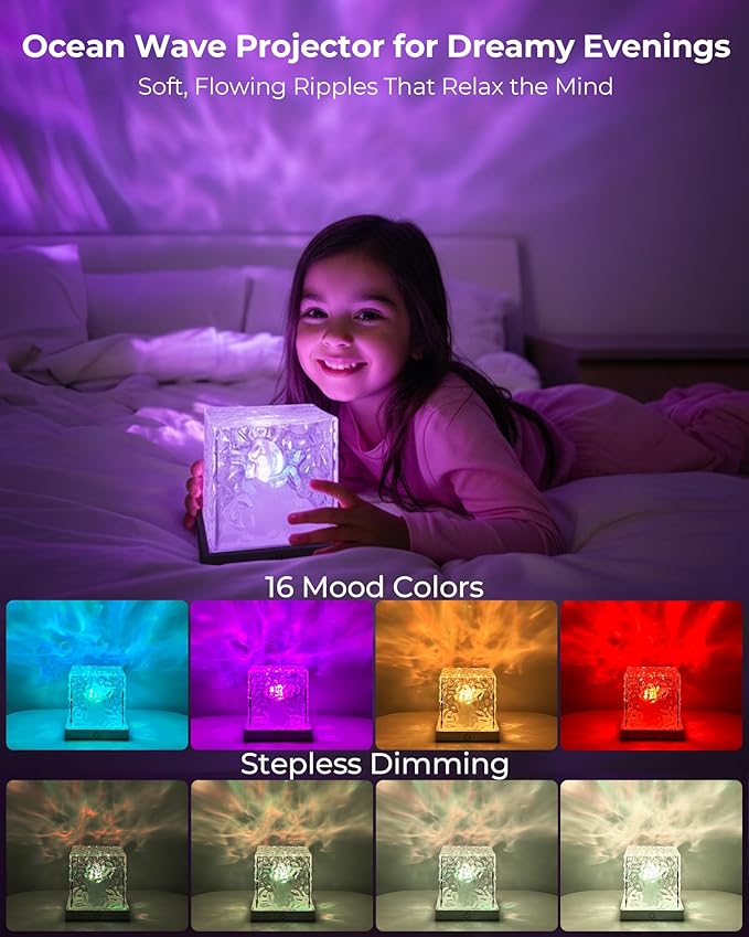 Rechargeable Shower Light Cube, 16 Colors Ocean Lamp, Waterproof Bathroom Mood Lighting, Ocean Wave Projector with Remote, Shower Mood Light, Bathtub Lights for Relaxing Spa, Bedroom Decor (Black)