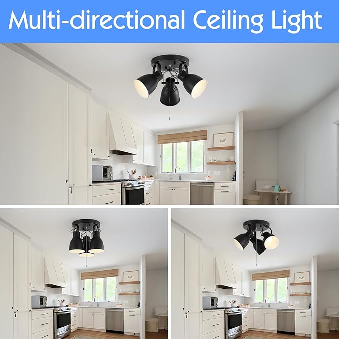 KEESFU 3 Light Ceiling Light with Pull Chain,Adjustable Directional Ceiling Track Light,Industrial Pull Chain Light Fixtures for Bedroom Hallway Closet.
