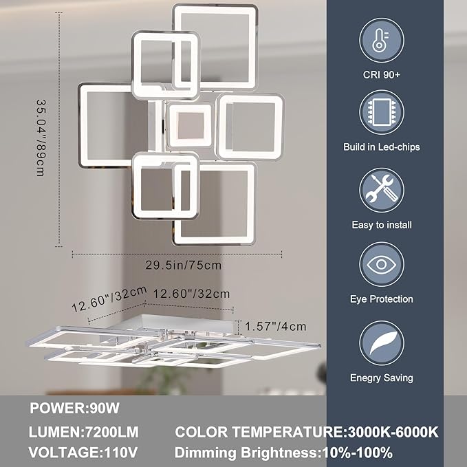Modern LED Ceiling Light 35.04" Dimmable Chrome Flush Mount Ceiling Light with Remote 7 Rings 90W 3000K-6500K Ceiling Lamp for Living Room,Bedroom,Kitchen