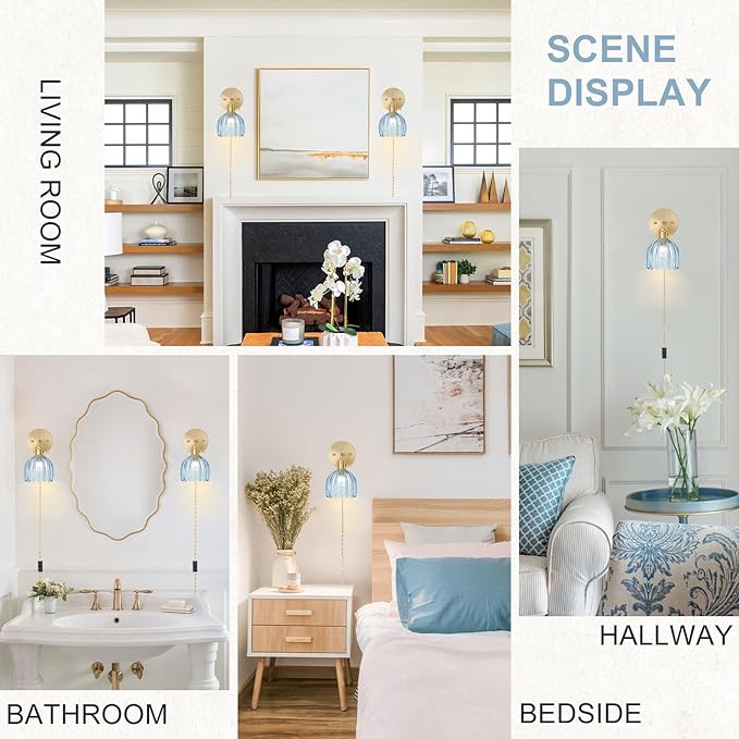 Plug in Wall Sconces Set of 2, Vintage Wall Sconce Light with Tulip Denim Blue Glass Lampshade, Bedroom Wall Sconce with Switch and Plug in wall lamp Cord, Gold Wall Light Wall Decor Set of 2