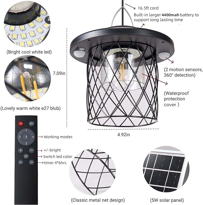 HULPPRE Solar Light Indoor&Outdoor,Shed Lighp Daytime or Night,Classic Metal with E27 Bulb,Cool or Warm White,5 Modes LED Pendant Lamp for Barn,Chicken Coop,Patio,Garden,Yard,Gazebo