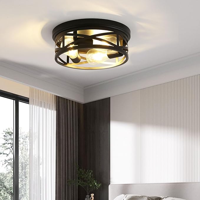 EMONG Farmhouse 3-Light Black Flush Mount Ceiling Light, Vintage Industrial Closed to Ceiling Mount Lamp,Metal cage Light Fixture for Entryway Hallway Kitchen Bedroom