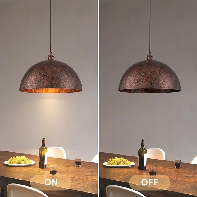 17.7” Industrial Metal Dome Pendant Light, Rust Industrial Pendant Lights for Kitchen Island, Dimmable Hanging Light Fixtures Compatible for Kitchen Island, Dining Room