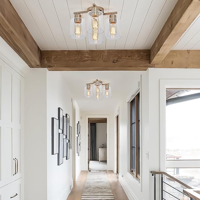 Semi Flush Mount Ceiling Light Kitchen Lighting Fixtures Ceiling Brushed Nickel Kitchen Cieling Light Fixtures with Clear Glass Shade for Dining Room Bedroom Living Room Hallway E26 Scoket