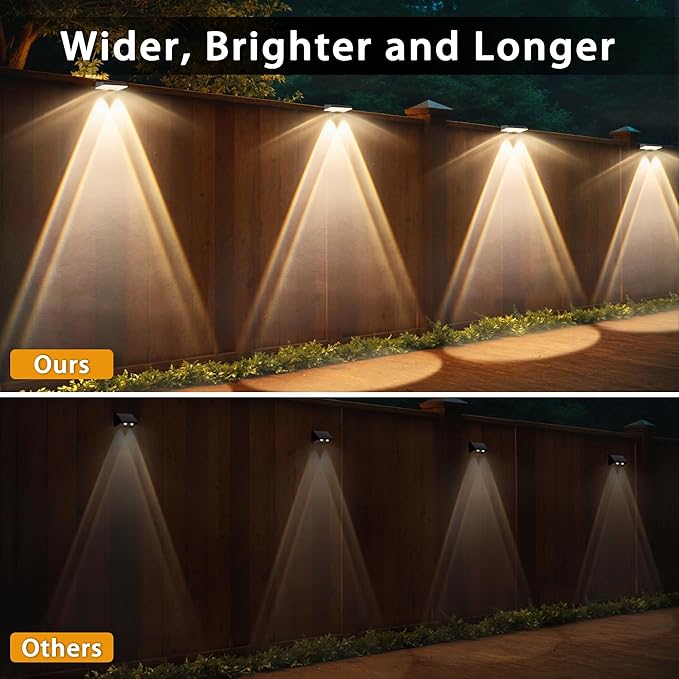 Solar Fence Lights Outdoor - 2 Pack RGB Fence Lights Solar Powered, 7 Color Modes & Warm White, IP67 Waterproof Dusk to Dawn Solar Powered Lights 12+ Hours for Fence/Backyard/Wall/Step/Patio/Deck