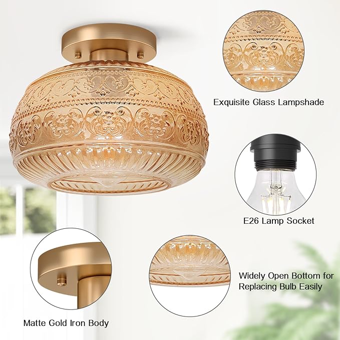 Semi Flush Mount Ceiling Light Fixture, 11" Vintage Gold Hallway Lights Fixture Ceiling with Amber Glass for Kitchen, Hallway, Bathroom and Entry Way,Compatible with E26 Light Bulb