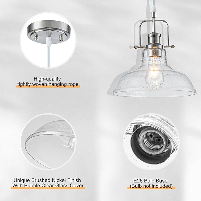 WILON Seeded Glass Pendant Lights,11 Inch Sand Nickel Pendant Lights Kitchen Island with E26 Base Vintage Hanging Ceiling Lamp for Kitchen Sink Hallway Dining Room Entry Hall(Sand Nickel Color)