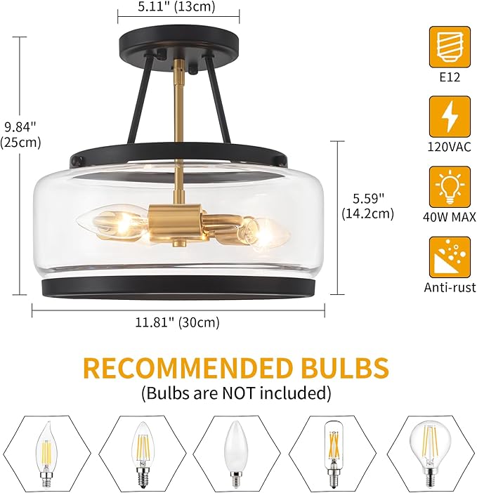 11.81" Black and Brushed Gold Close to Ceiling Light Fixtures, 3-Light Modern Drum Light Fixture, Hallway Ceiling Light, Glass Ceiling Lamp for Entryway Bedroom Laundry Room Dining Room Kitchen Lights