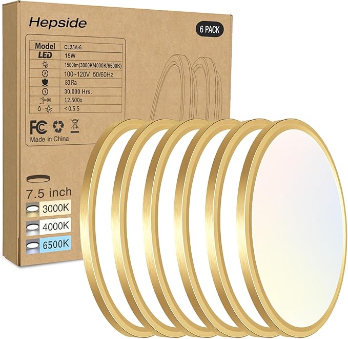 6PACK LED Flush Mount Ceiling Light, 3CCT Selectable 3000K-4000K-6500K & 100W Equivalent Modern Kitchen Recessed Ceiling Lamp 15W 1500Lm 7.5 Inch for Bathroom Closet Laundry Bedroom