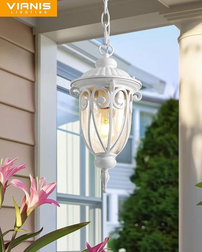 VIANIS Outdoor Pendant Light Lantern, White Modern Outdoor Chandelier, Handcrafted Hanging Outdoor Lights with Seed Glass, Outdoor Ceiling Lights for Porch, House, Doorway, Garden, Entryway