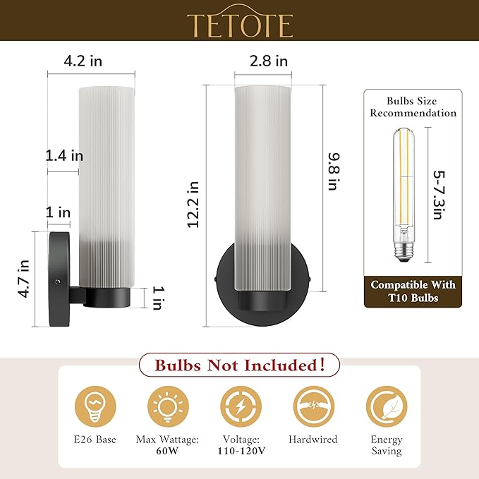 TETOTE Black Wall Sconce Modern Bathroom Wall Light Fixtures Farmhouse Wall Lights with Frosted Glass Shade for Mirror Bedroom Living Room