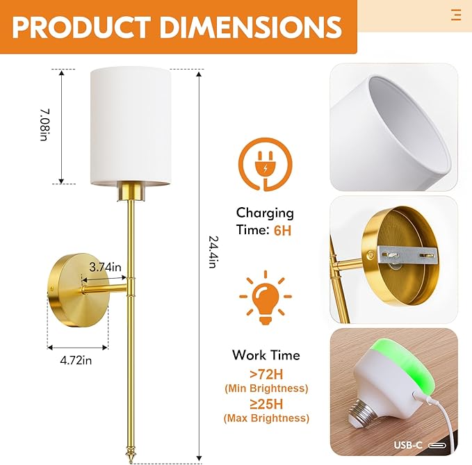NIORSUN 24 inch Battery Operated Wall Sconce Set of 2, Gold Wireless Rechargeable Wall Lights with 5200mAh Dimmable Detachable Bulbs and Remote, 9 Colors Sconces Wall Decor for Bedroom Living Room