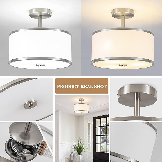 BUXVRCS Semi Flush Mount Ceiling Light Fixture, 3-Light Drum Lighting Fixtures, Hallway Light Fixture Ceiling Mount with Fabric Shade, Close to Ceiling Light for Bedroom Bathroom (Brushed Nickel)