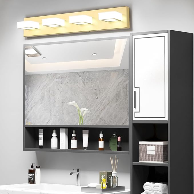 Ralbay Modern Gold Vanity Lights for Bathroom 4 Lights LED Over Mirror Fixture Acrylic Wall Light, 25.6 Inch, White Light 6000K, 8590-Gold-Silver