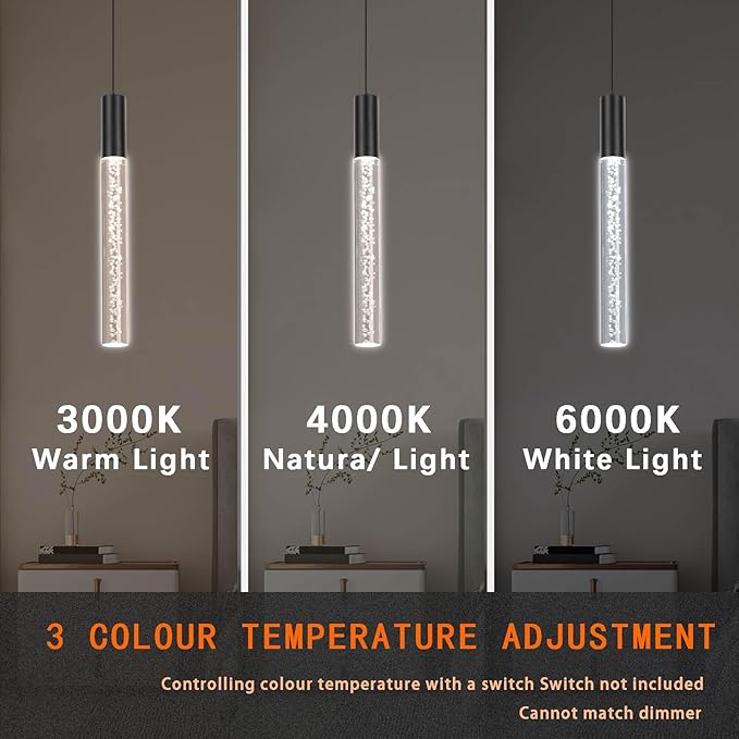 Modern Black Acrylic Pendant Light Fixture, 1-Light 3-Color LED Pendant Lighting Cord Adjustable Ceiling Hanging Lights for Kitchen Island Living Room Bedroom Dining Room (3 Pack)