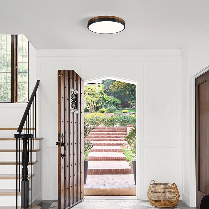 Modern Walnut Wood Black Flush Mount Ceiling Light, 11.81" Round LED Low Profile Close to Ceiling Fixture for Kitchen Bedroom Bathroom Laundry Hallway Entryway Closet Living Room