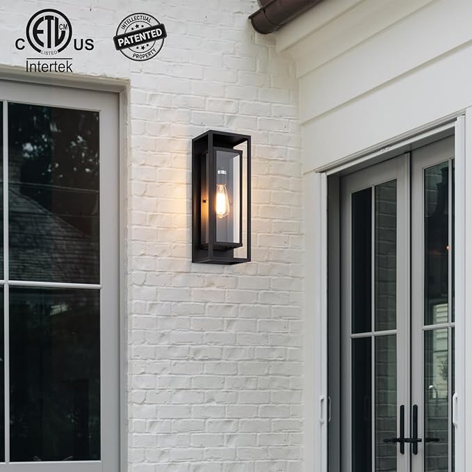 mirrea 18" Classic Outdoor Wall Sconce 1 Light in Matte Black Rectangular Metal Frame and Clear Glass Shade Waterproof Porch Light Patio Light