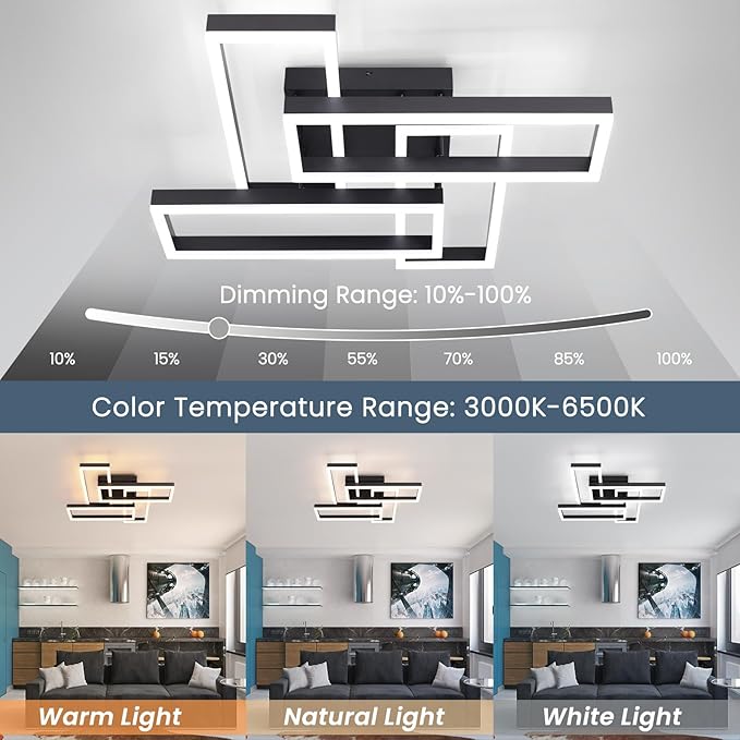 EIDISUNY Modern Led Ceiling Light for Living Room,Black Flush Mount Ceiling Lights with Remote Control&APP，3000-6500K Dimmable, 54W Acrylic Ceiling Lamp for Bedroom Kitchen Dining Room