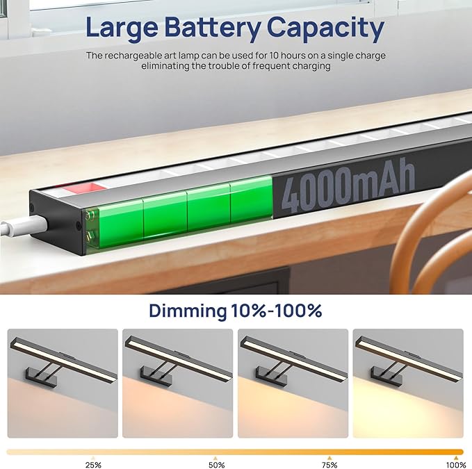 PESUTEN Picture Light Battery Operated, 16in Wireless Art Light for Paintings CCT Dimmable Recharging Battery Picture Light with Remote Control for Gallery Dartboard Art Bedroom Bathroom