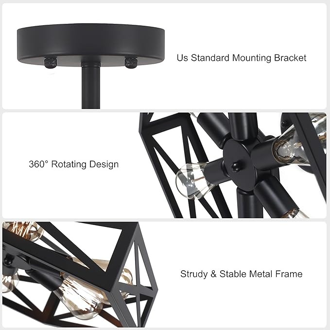 19.6" Black Rustic Kitchen Lighting Fixtures Ceiling, Farmhouse Foyer Lighting Fixtures, Large Black Semi Flush Mount Ceiling Light Fixture, Industrial Rustic Light Fixtures for Hallway Living Room