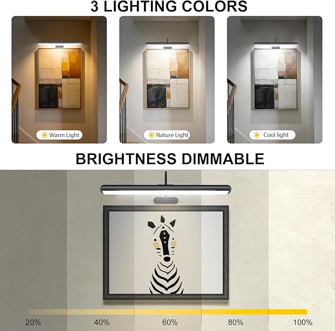 Set of 2 Picture Lights with Timer Dimmer, Painting Light with Remote Rechargeable Battery ,Wall Art 3 Lighting Colors Temps,16inch Full Metal Over Picture Painting Frame Dartboard Gallery Hallway