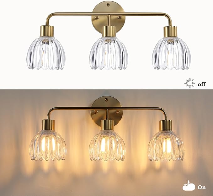 3-Light Gold Brass Bathroom Light Fixture with Clear Tulip Glass Shade,Wall Sconces,Vintage Vanlity Light Over Mirror,Bathroom Wall Light,E26 Socket(Bulbs Not Included)