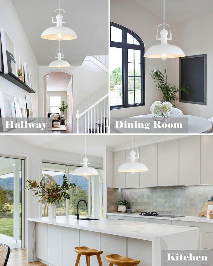 White Pendant Lights Kitchen Island 2 Pack, 13.8 Inch Dome Pendant Light, White Farmhouse Pendant Light, Industrial Pendant Lights for Kitchen Barn Hallway Porch Dining Room