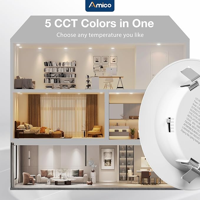Amico Recessed Lighting 4 Inch, 12 Pack 5CCT Flat LED Can Lights, 2700K/3000K/4000K/5000K/6000K Selectable, 7W=60W, 700LM Brightness, Retrofit Installation - ETL & FCC, White