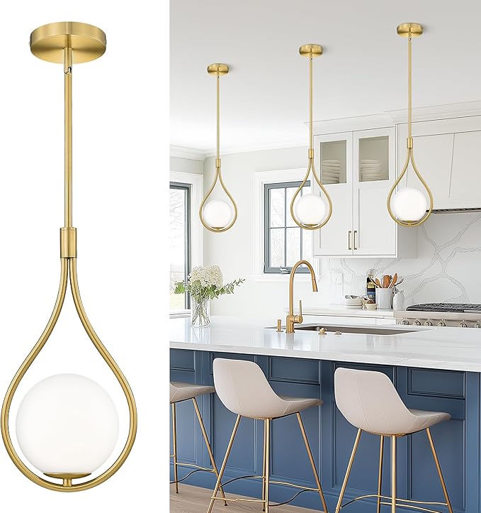 AUTELO Gold Pendant Lights, 1-Light Pendant Lights Kitchen Island in Brushed Gold Finish with Milky White Globe Glass, Mid Century Pendant Light Fixtures, Gold Hanging Lights for Kitchen H9377 MGBG