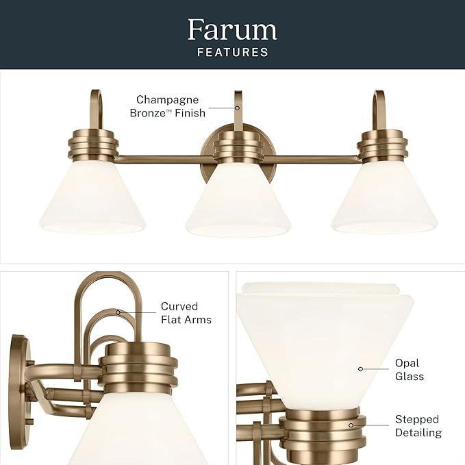 Kichler Farum 26" 3-Light Bathroom Vanity Light Fixture with Opal Glass in Champagne Bronze for Mirror, Modern Wall Mount Over Single or Double Vanity (26" W x 9.5" H), 55155CPZ