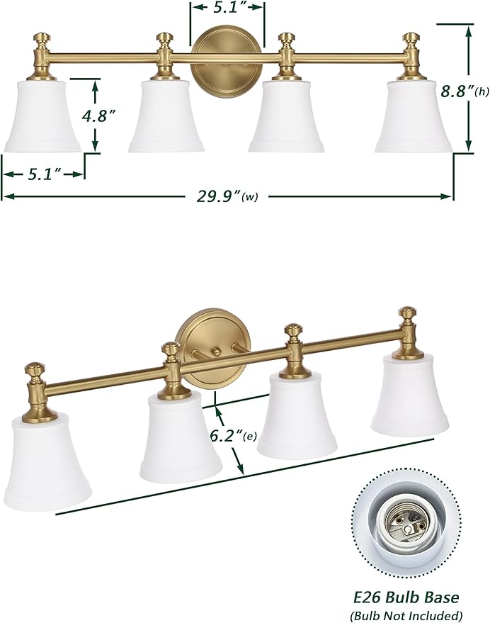 Bathroom Vanity Light Fixtures, Traditional Aged Brass 4 Lights Wall Sconce Lighting with Opal Glass Shade, Porch Wall Mount Light Fixture for Bathroom, Mirror Cabinets Hallway Stairs